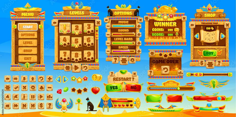 Poster ancient egypt game interface, gui buttons and elements assets, vector templates. ancient egypt game 
