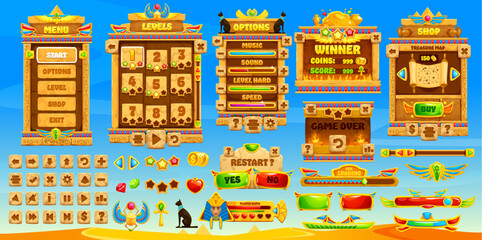 Ancient Egypt game interface, GUI buttons and elements assets, vector templates. Ancient Egypt game menu buttons and interface with pharaoh pyramid, loading bar or controls and gamer UI panel settings © Vector Tradition