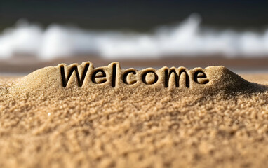 A welcoming sandy beach with the word 'Welcome' artistically formed in the grains. Perfect for vacation or beach-related themes.