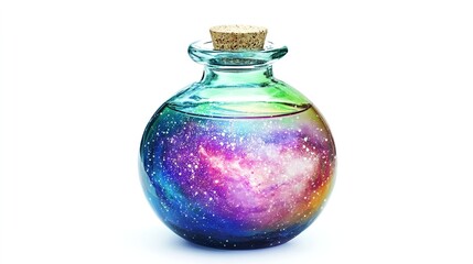  Enchanting Magic Potion Bottle with Galactic Vortex, Radiant Colors and Mystical Aura, Isolated on White Background