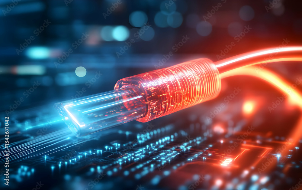 Poster close-up of a glowing network cable connected to a digital interface, illustrating advanced connecti