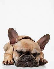 Fototapeta premium ホワイトの無地の背景にコンパクトに丸まったフレンチブルドッグ、フォーンカラーの毛並みと愛らしいシワが際立つシンプルなデザイン 