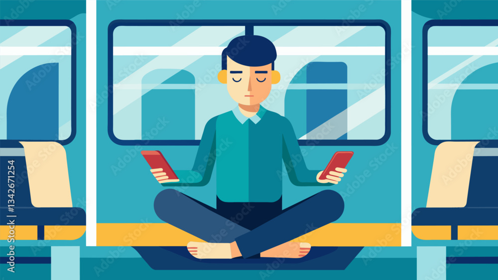 Poster a commuter on the train using the time to meditate instead of scrolling through their phone.. vector