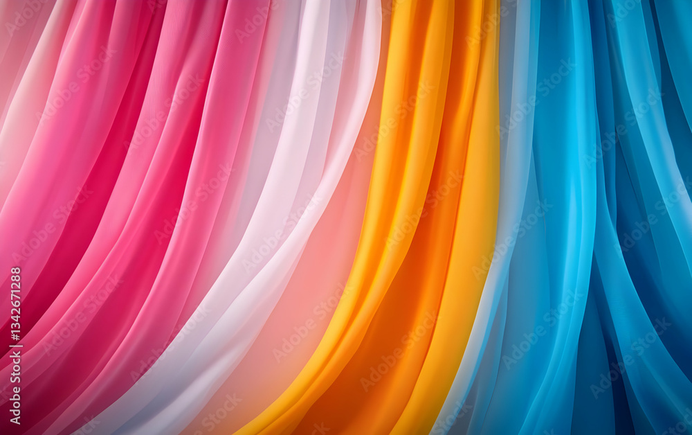 Poster colorful silk fabric drapes in vibrant shades, creating an elegant and soft texture suitable for var