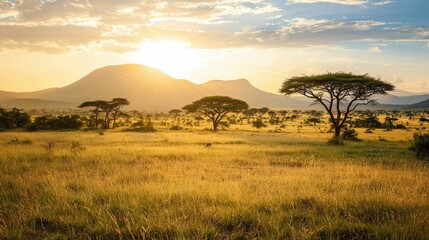 Sunlit Savanna Landscape with Acacia Trees Against Distant Mountains
