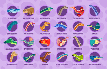 Prehistoric dinosaurs infographic with Jurassic lizards species and names, vector cartoon characters. Dinosaurs infographics on giant lizards, prehistoric underwater reptiles and birds for dino atlas © Vector Tradition