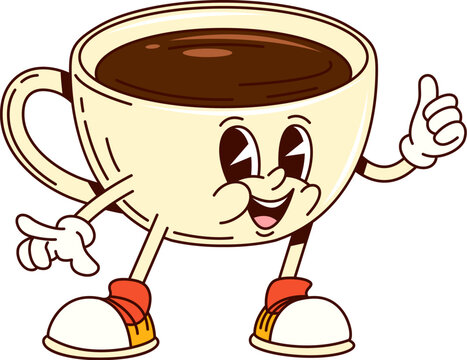 Groovy coffee cup happy smiling character. Restaurant hot coffee cute mascot, cafe tea drink funny vintage isolated vector personage. Hot chocolate or cacao drink groovy character showing thumb up