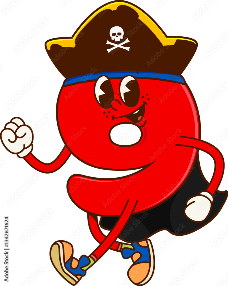 Poster groovy cartoon number 9 pirate or caribbean corsair character, vector math numeral. groovy math numb