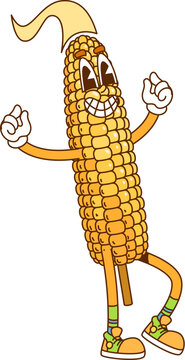 Naklejki Groovy hippie fast food character of corn with happy face, retro cartoon vector. Groovy sweetcorn or corn cob on stick with funny smile in hipster shoes as comic fast food hippie character or emoji