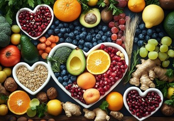 Fresh and Colorful Assortment of Fruits and Vegetables Arranged in Heart Shape for Healthy Eating Concept and Dieting Inspiration