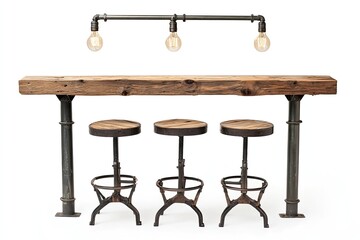 Metal bar stools a reclaimed wood counter and hanging Edison bulbs are shown isolated on a white