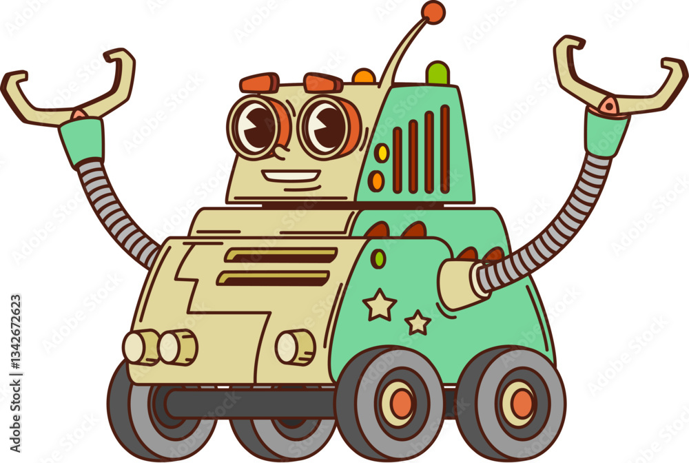 Poster cartoon groovy robot character on wheels or robotic bot, vector cyber droid. funny groovy robot in r