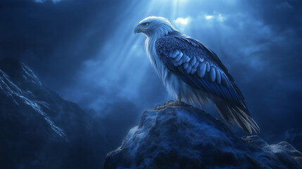 Fototapeta premium bald eagle sitting on a cliff, blue colour atmosphere