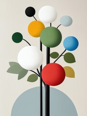 Sleek surreal poster showcasing a stylized tree with geometric color-blocked spheres as vibrant leaves on a minimalist backdrop