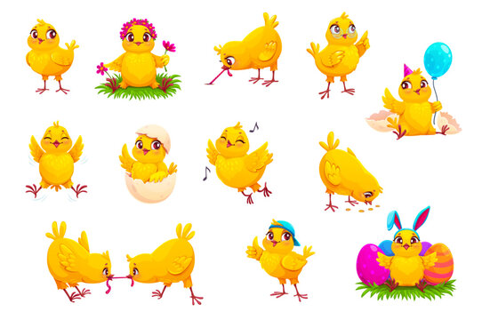 Cartoon funny chick characters with Easter eggs. Cute baby chickens vector personages of little yellow farm birds hatching from shell, pecking grains, dancing, playing. Funny baby chick characters set