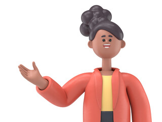 3D illustration of african american woman Coco pointing finger at screen,Transparent Background Mockup. Supports PNG files with transparent backgrounds.