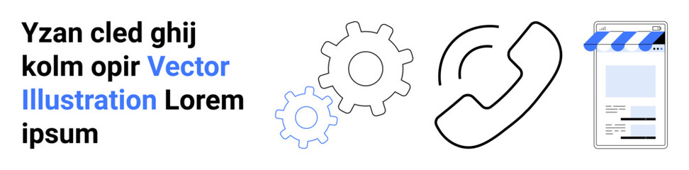 Phone icon, gears, and mobile app with blue accents illustrating communication, teamwork, support systems, and technological integration. Ideal for tech ideas, apps, collaboration innovation