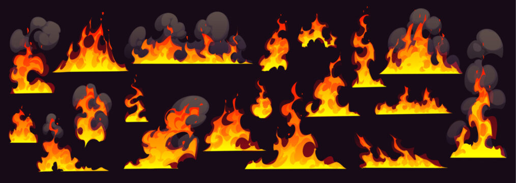 Cartoon isolated fire flames, bonfire and fireballs with smoke, vector game UI and comic elements. Burning fire, bonfire, wildfire and campfire set with red yellow flames, black smoke and sparks