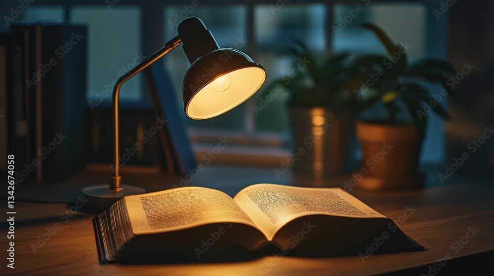 Poster warm light from desk lamp casting soft glow on open book
