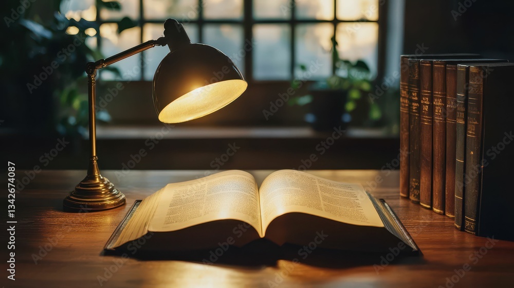 Poster warm light from desk lamp casting soft glow on open book