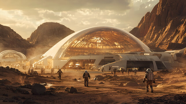 Futuristic Martian Settlement Architecture: Space Habitat Domes and Astronaut Exploration