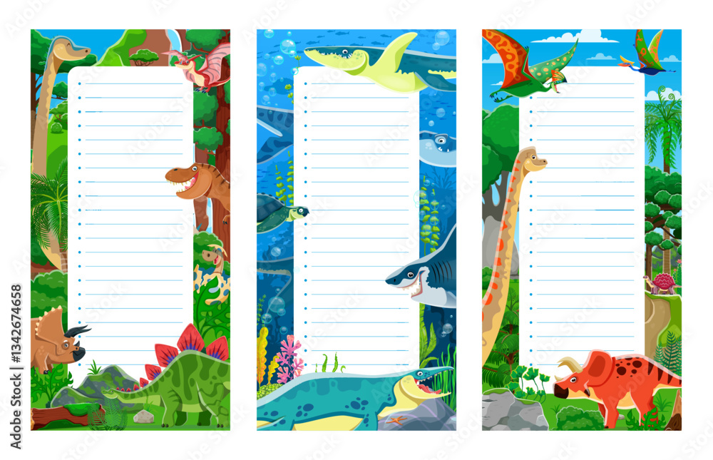 Poster paper notes with funny dino characters and jurassic dinosaurs, vector planner background. paper note