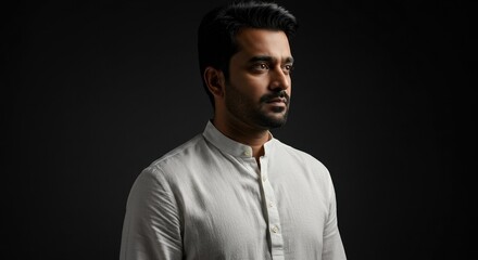Obraz premium Portrait of a Man in Minimalist White Shirt Showcasing Confidence and Elegance in Low Light Photography.