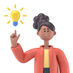 3D illustration of african american woman Coco pointing finger at light bulb generating new ideas.Transparent Background Mockup. Supports PNG files with transparent backgrounds.