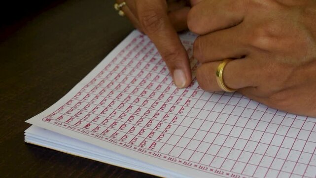Video of hand of a person writing 'Ram' in hindi with red pen. Devanagari, Marathi, Sanskrit, pronunciation, faith, Lord Ram, Hinduism, Hindu, book, guru, space, box, margin, india, Nepal, Indian.