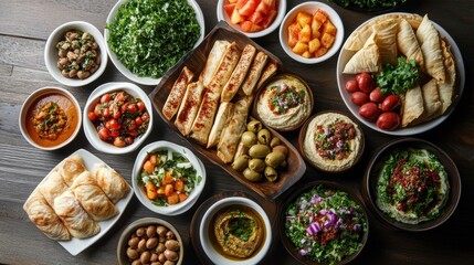 A symphony of flavors and textures, with flaky pastries, vibrant salads, spiced hummus, and savory olives, a testament to the rich culinary heritage of the Middle East.