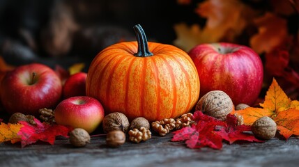 A warm, inviting scene, where pumpkins, apples, and crunchy walnuts lay scattered like fallen treasures, promising the comforting aroma of autumn baking and cozy evenings by the fireplace.