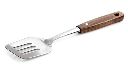 Traditional Craftsmanship Meets Modern Functionality: Spatula with Wood Handle and Stainless Steel Slotted Head for Cooking and Grilling, Isolated on White Background