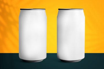 Soda cans png transparent mockup with tropical backdrop