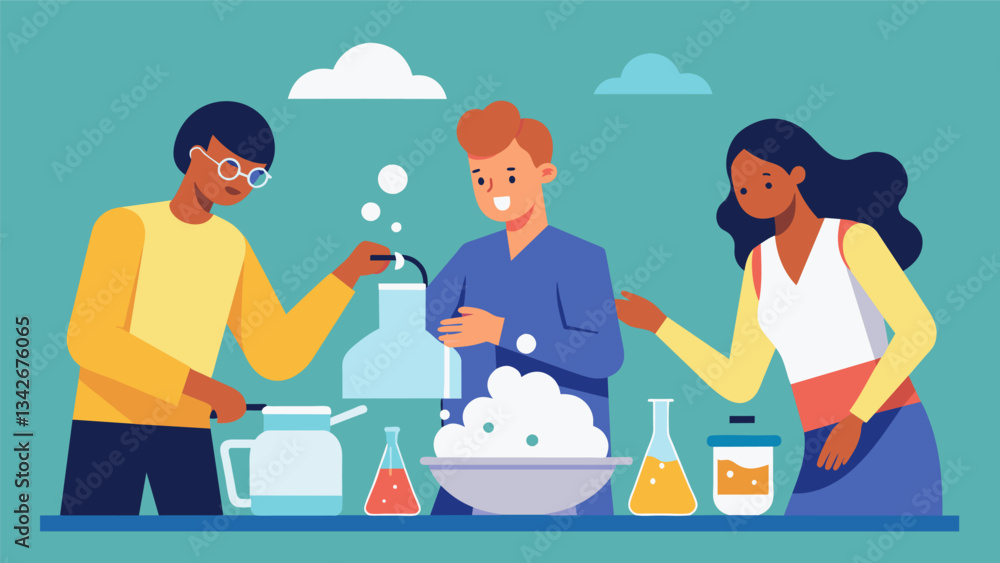 Poster the group sets up a baking soda and vinegar experiment creating a chemical reaction that produces a 