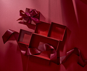 gift, boxes, ribbon, empty, light, shadow, red