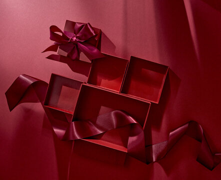 gift, boxes, ribbon, empty, light, shadow, red