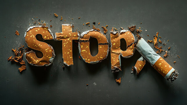 image features word Stop creatively formed with broken cigarettes and tobacco, emphasizing anti smoking message. background is dark, highlighting message.Stop smoking message with broken