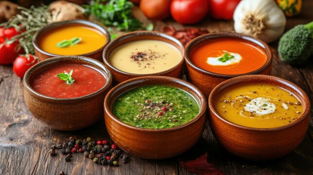 A vibrant tableau of autumnal bounty: a medley of hearty vegetable soups, their steamy aromas mingling with the crisp autumn air, promising warmth and comfort.
