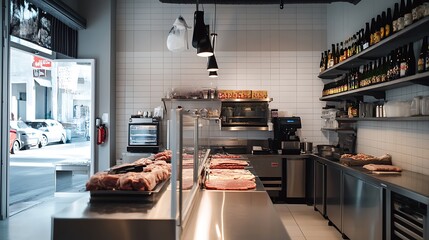Inside Modern Meat Shop Displaying Fresh Cuts and Gourmet Products