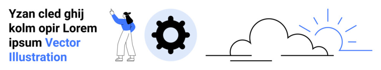 Woman gesturing towards placeholder text, a gear icon, and a sunrise symbol. Ideal for teamwork, innovation, process, productivity, creativity, information sharing simple landing page