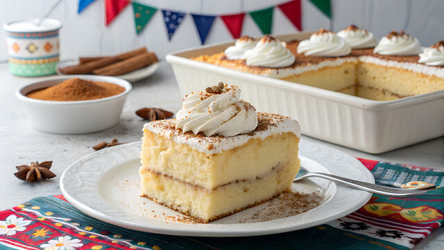 Delicious slice of Tres Leches cake, adorned with whipped cream, cinnamon, and anise stars, ready to be savored and enjoyed.
