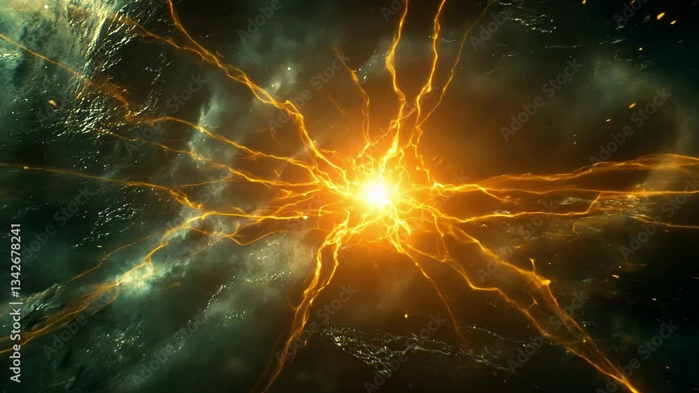 Poster energy burst over dark ocean with lightning and turbulent waves creating a dramatic atmosphere at tw