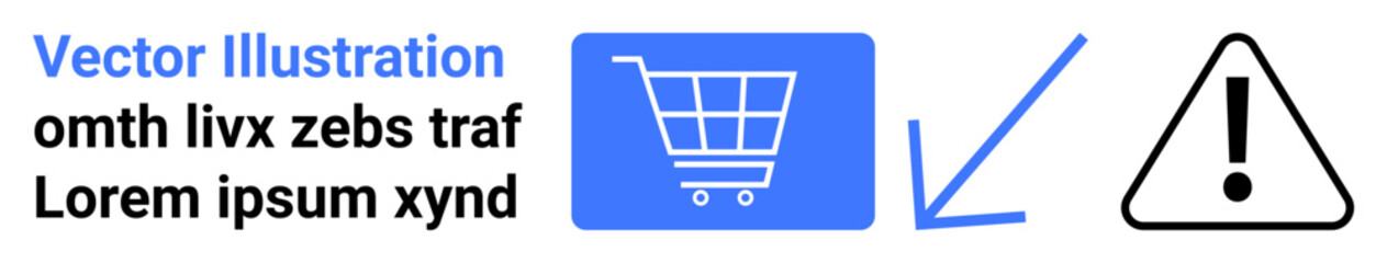 Shopping cart icon connected by downward arrow to warning sign. Ideal for e-commerce, risk warning, user notification, caution messages, online shopping, safety alerts, simple landing page
