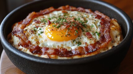 A golden halo of fried eggs, nestled in a bed of crispy bacon, ready to fuel the start of an invigorating day.