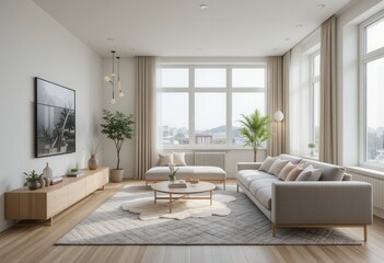 Fototapeta premium Modern living room design urban apartment interior photography minimalist style bright natural light contemporary aesthetics