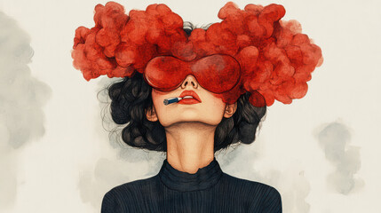 woman with red smoke glasses and cigarette exudes surreal and artistic vibe