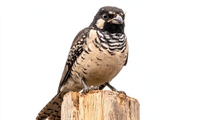 Obraz premium A charming bird perched on a wooden post, showcasing its unique pattern and vibrant colors, perfect for nature enthusiasts and bird lovers.