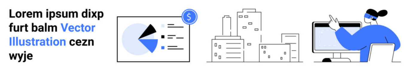 Chart with pie diagram, skyscrapers, and professional working on desktop. Ideal for presentations, data reports, finance, urban planning, office roles, business growth simple landing page