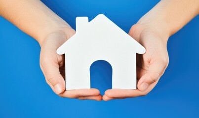 Naklejka premium A person holding a miniature white house, symbolizing home ownership, real estate investment, and property dreams against a blue background.