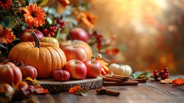 A cozy autumn baking backdrop, where pumpkins and gourds bask in golden light, and a rustic wooden table awaits the arrival of fresh apples and cinnamon sticks.